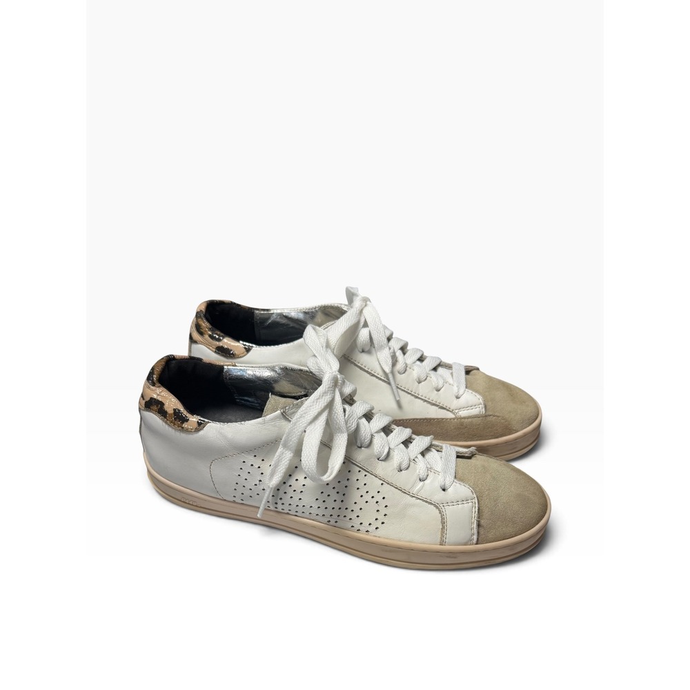 P448 John White Leather Leopard Sneakers White Suede Low Top Italy Size 40
